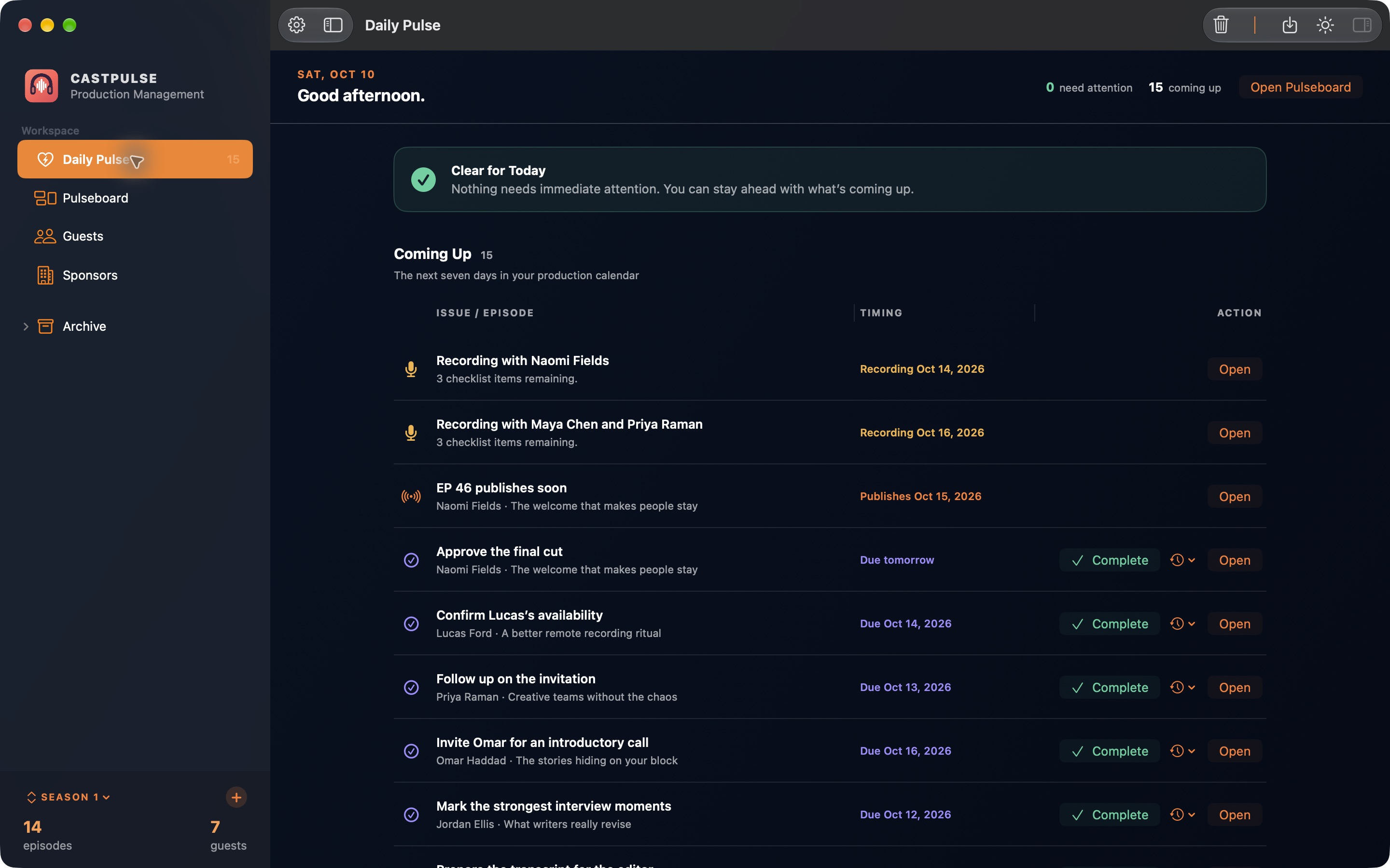 CastPulse Daily Pulse listing upcoming sample recordings, a publish date, and due tasks with Complete and Open buttons