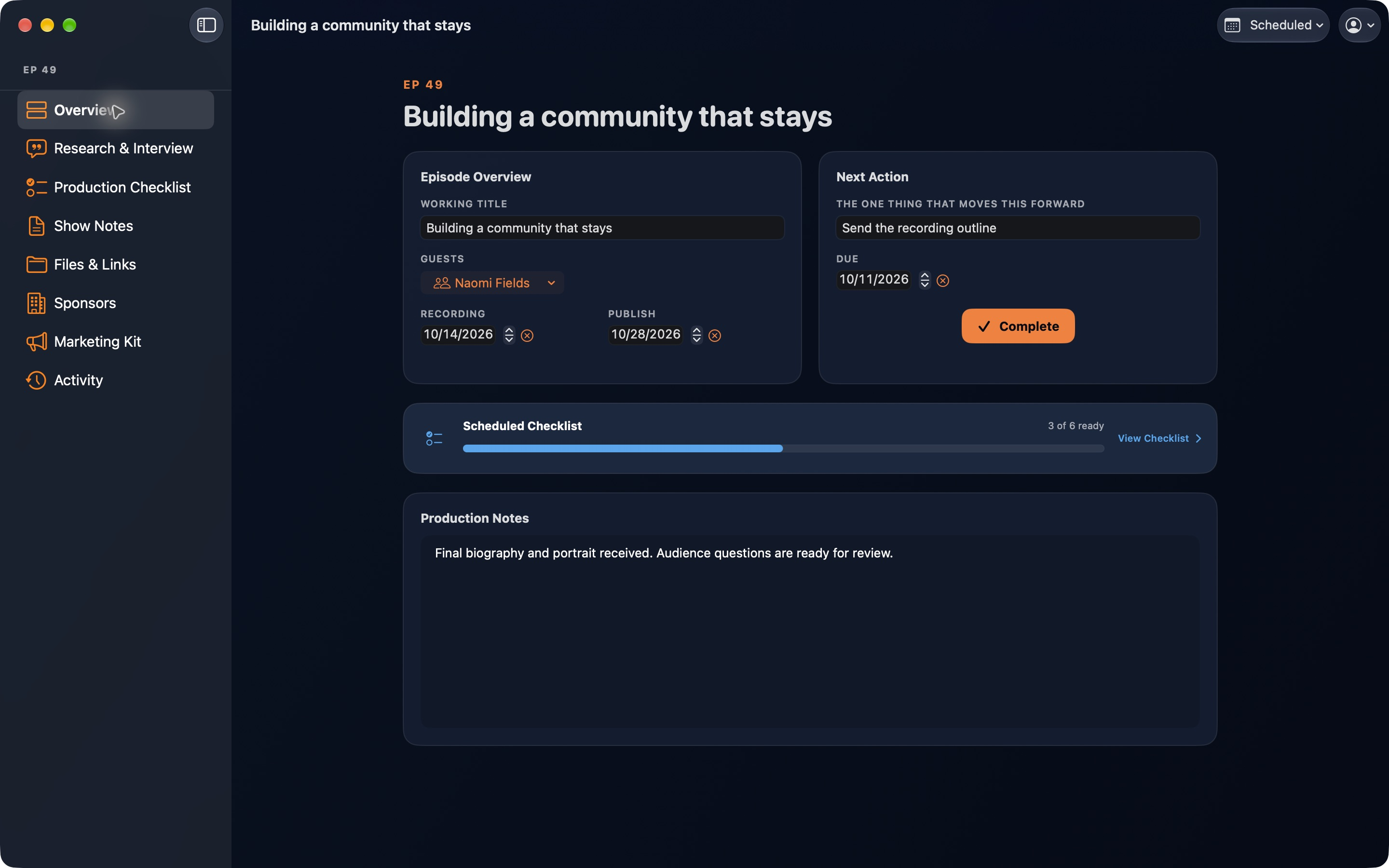 CastPulse episode overview for a sample episode with guest, recording and publish dates, next action, checklist progress, and production notes