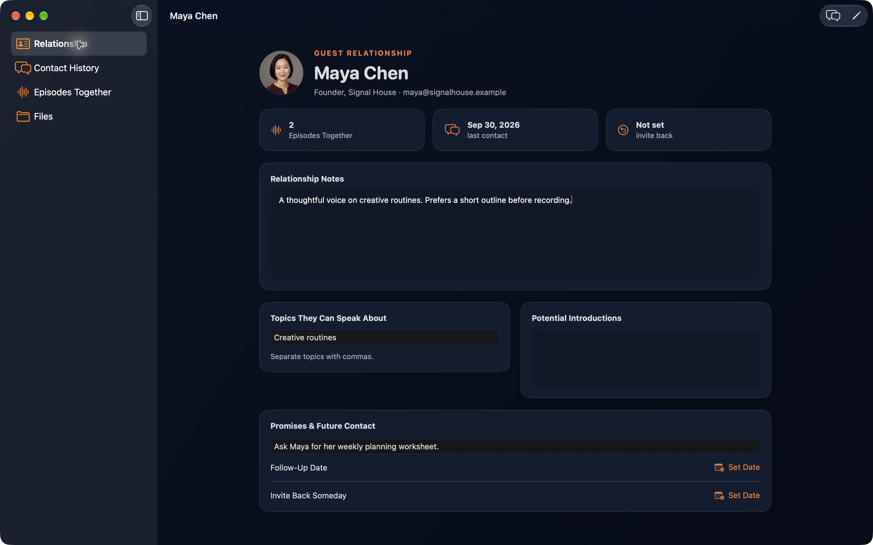 CastPulse guest relationship page for a sample guest with episodes together, last contact, relationship notes, topics, and a promised follow-up
