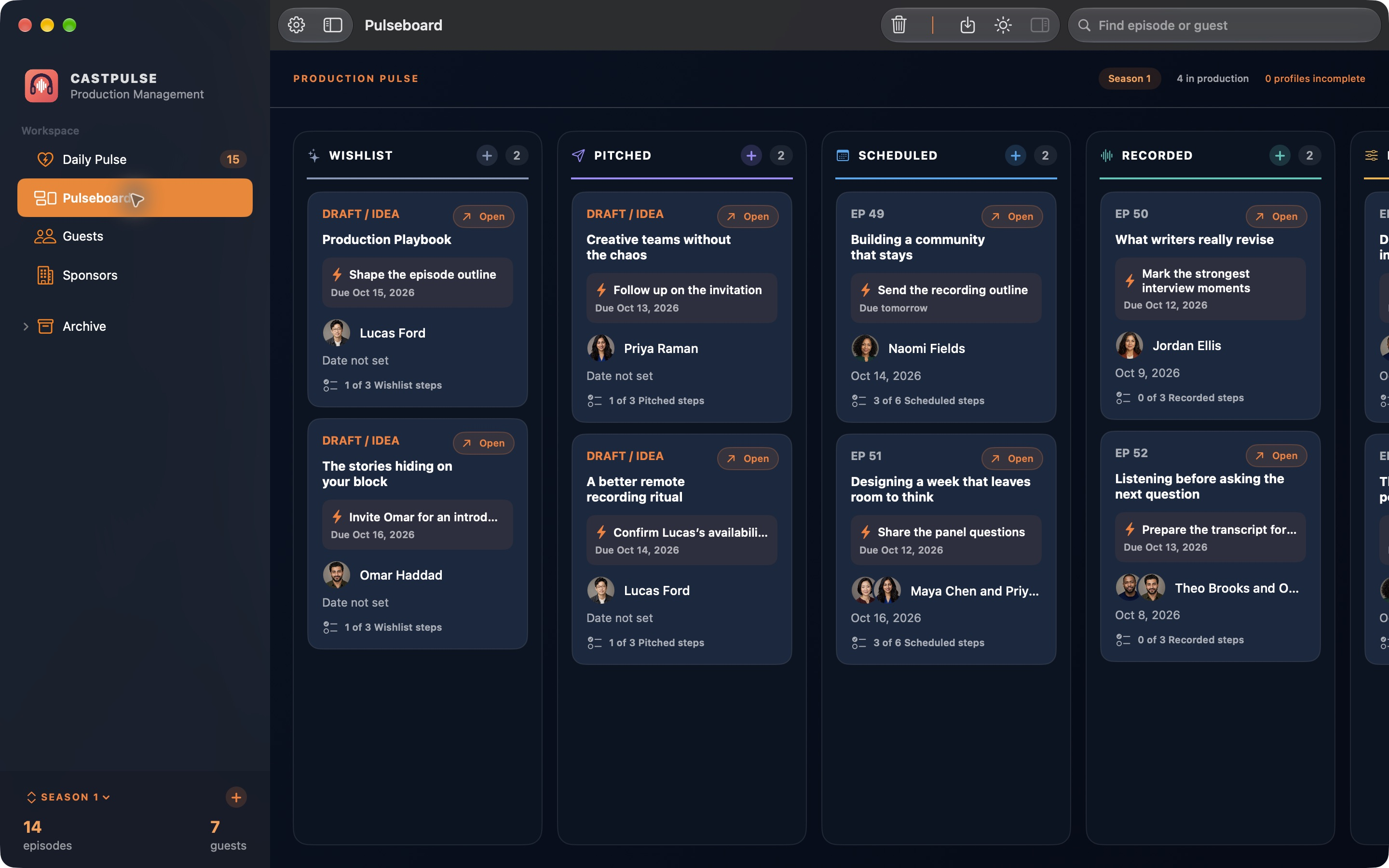 CastPulse Pulseboard with sample episodes arranged in Wishlist, Pitched, Scheduled, and Recorded columns, each card showing its guest and next action