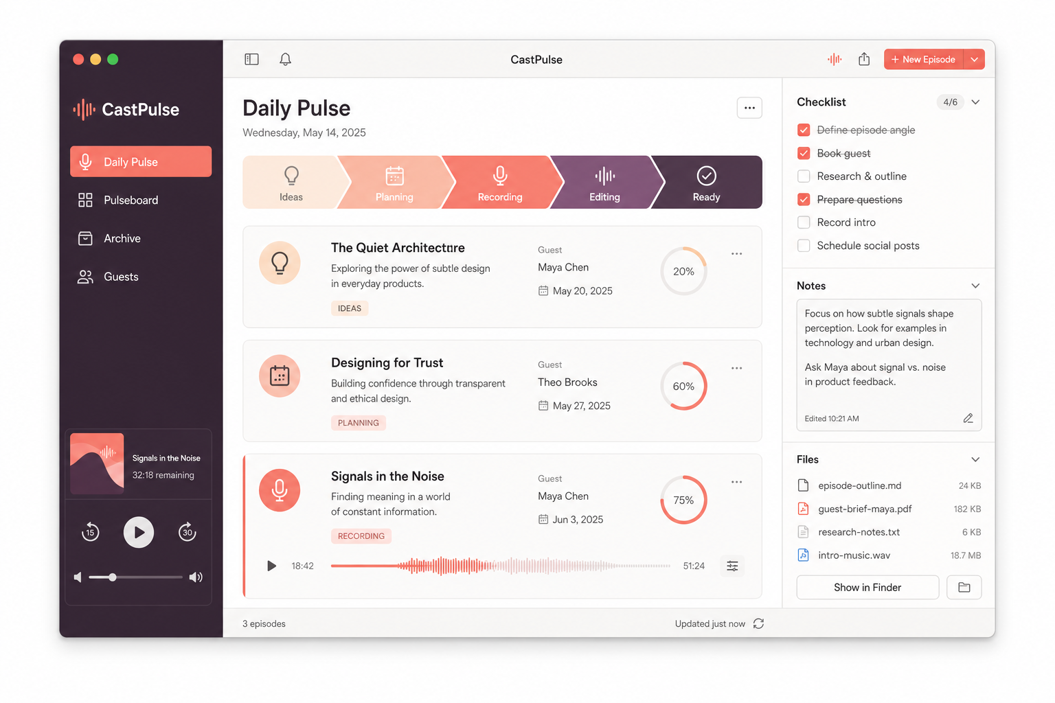 Fictional CastPulse sample showing a podcast production workspace