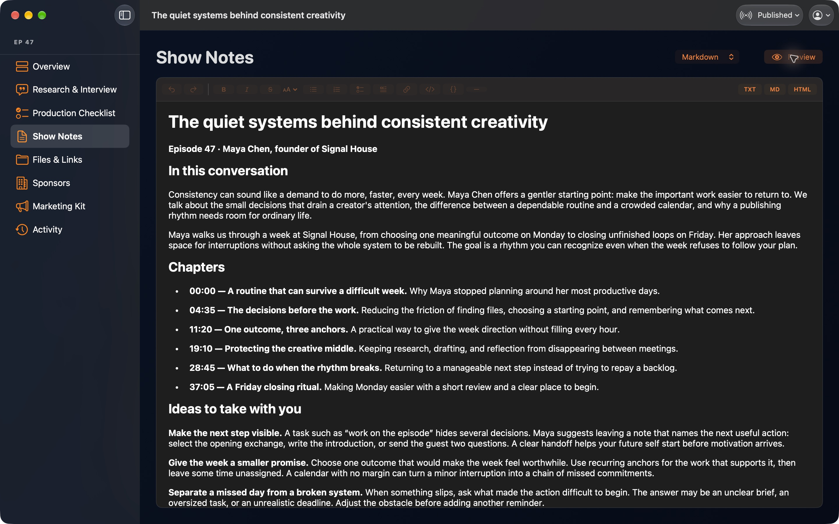 CastPulse show notes preview for a sample episode with an introduction, chapter timestamps, and takeaways