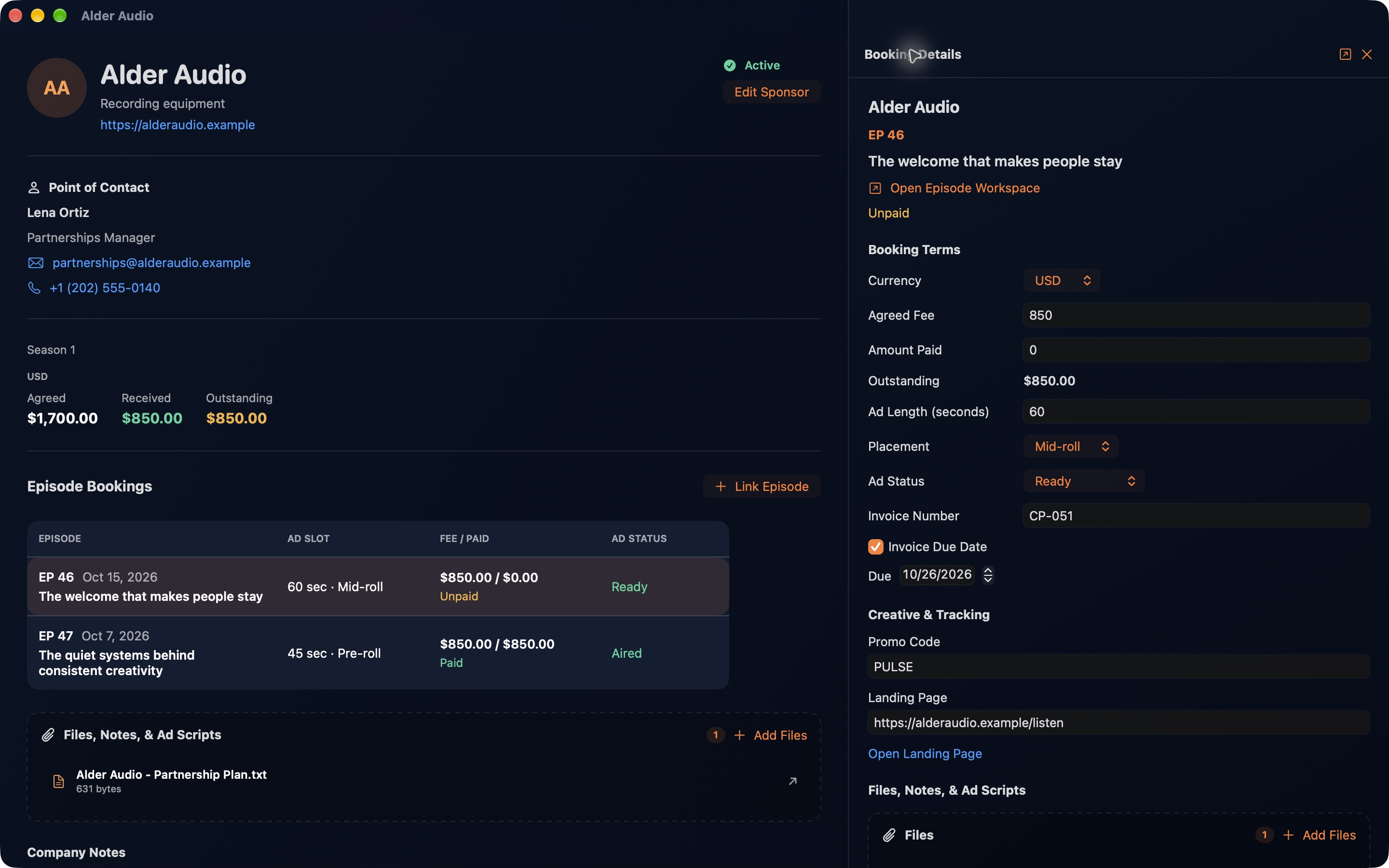 CastPulse sponsor page for a sample sponsor with fees received and outstanding, episode bookings, and booking details including ad placement and invoice