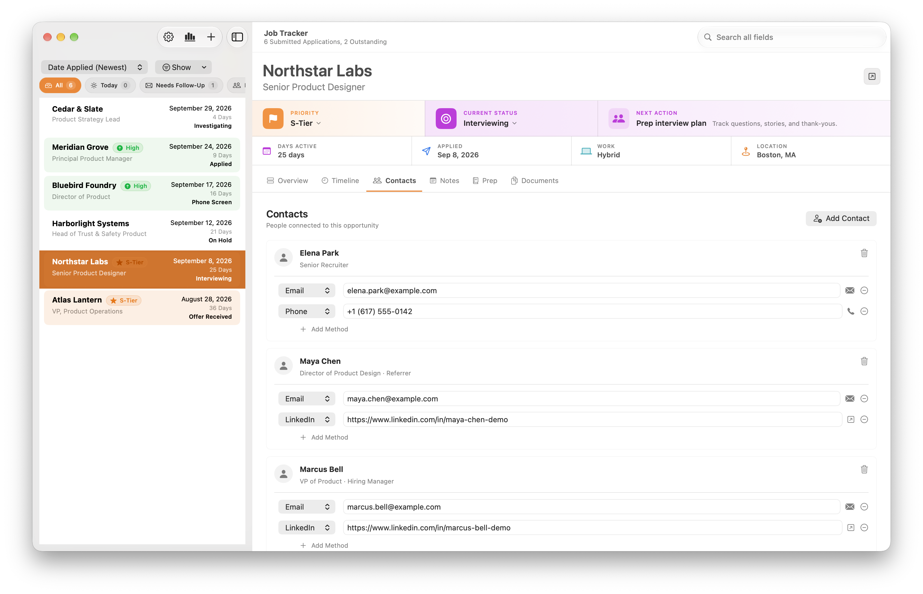 Job Tracker Contacts with sample people and contact details
