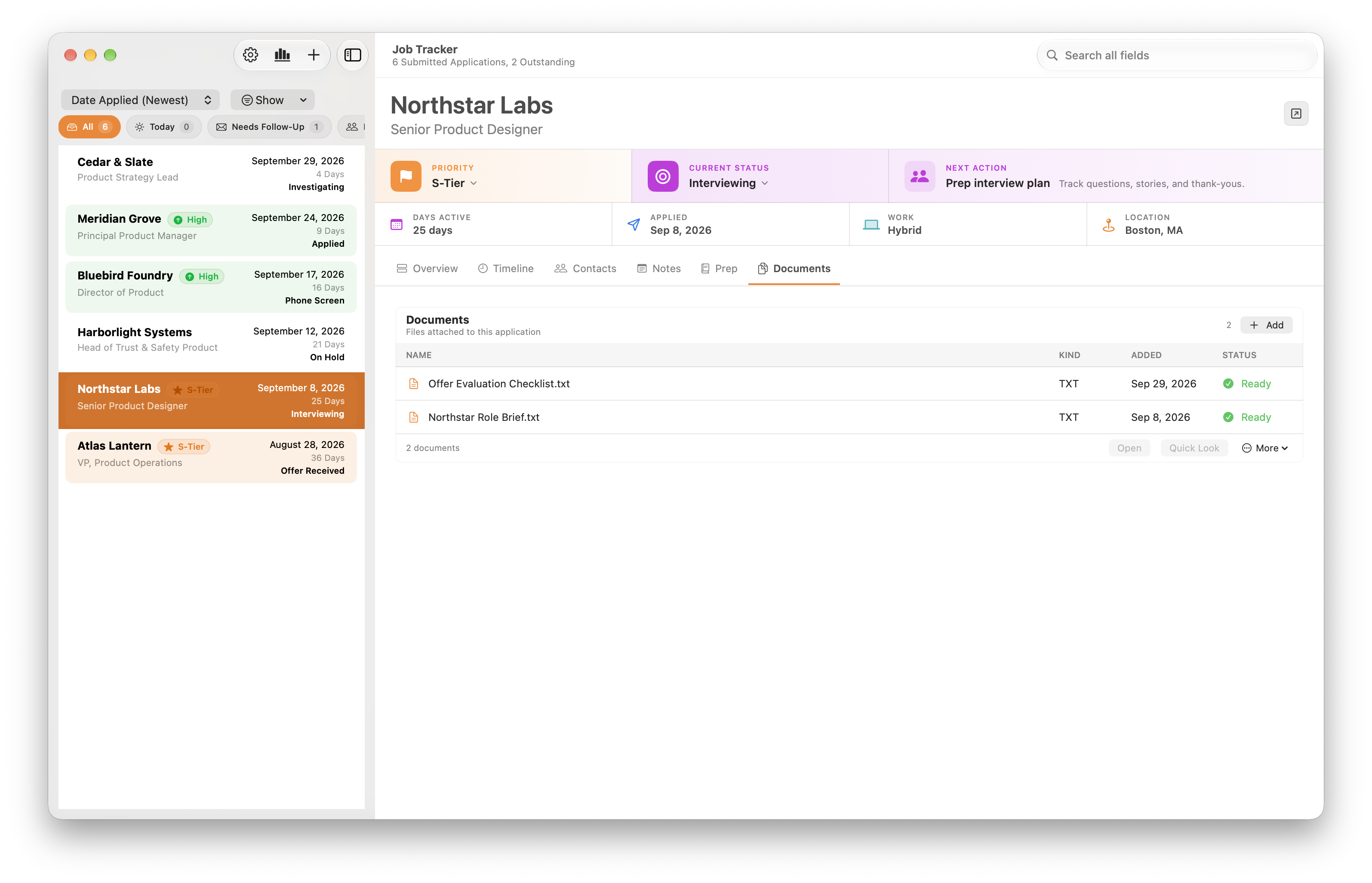 Job Tracker Documents list with sample role briefs and an offer evaluation checklist
