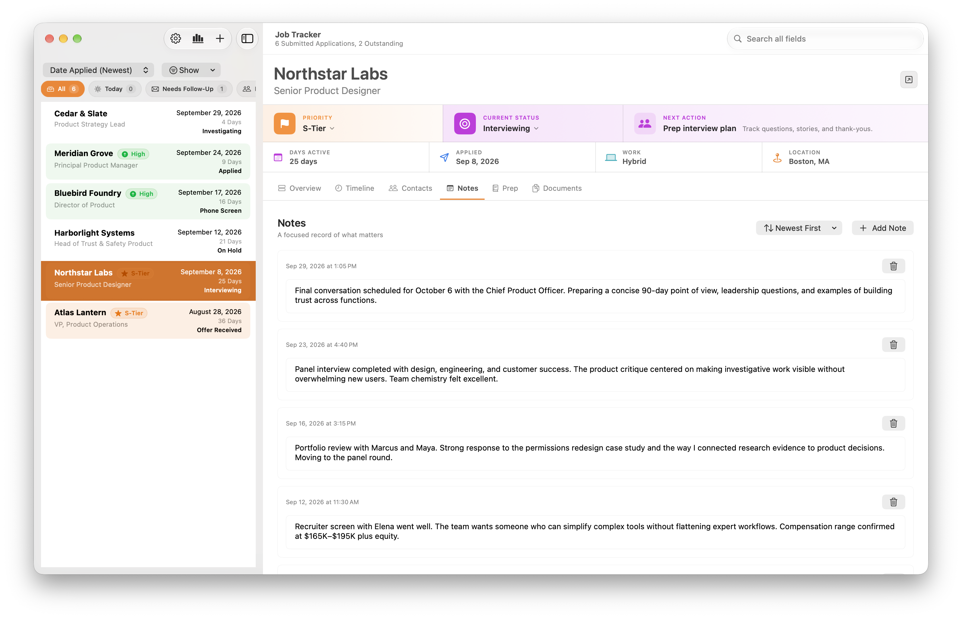 Job Tracker Notes about sample interviews and follow-up conversations