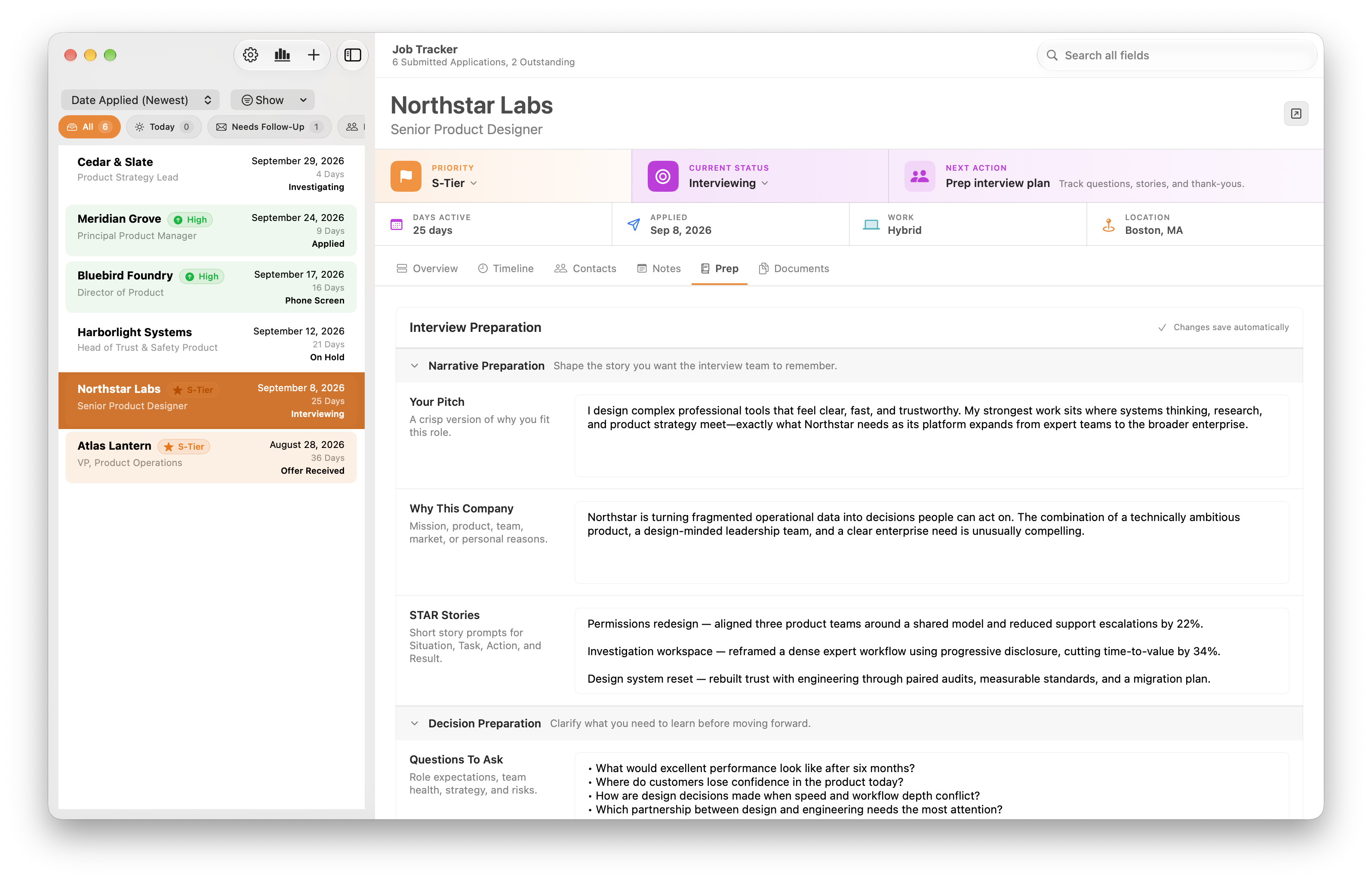 Job Tracker Interview prep with a sample pitch, STAR stories, and questions to ask