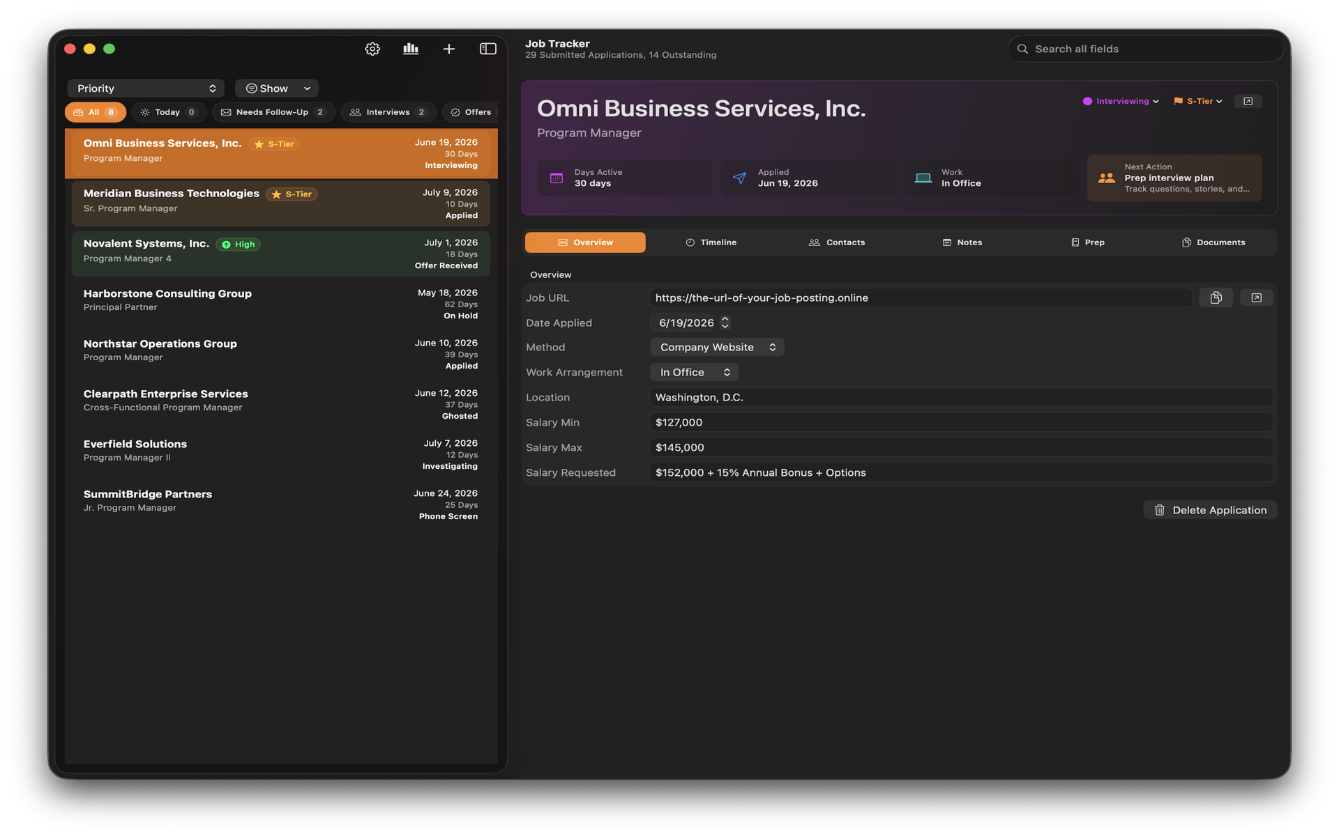 Fictional Job Tracker sample showing a job search workspace