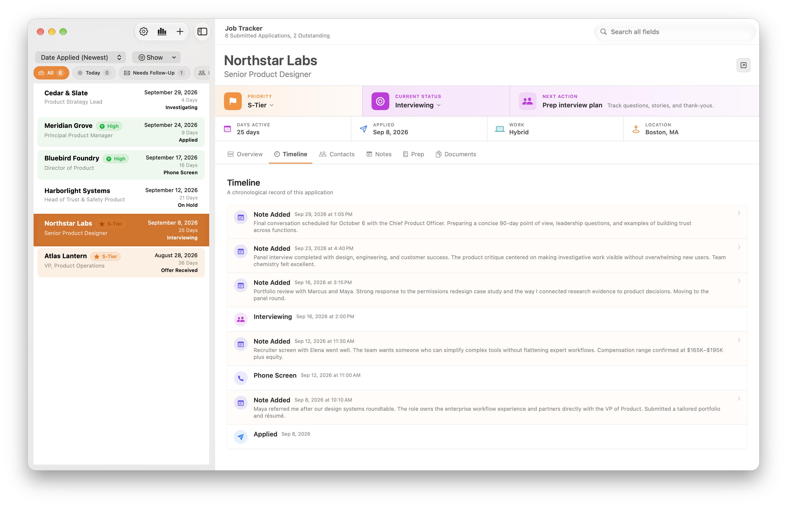 Job Tracker Timeline of notes, interviews, and application milestones for a sample job